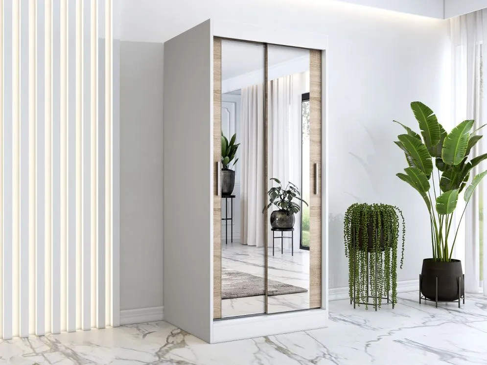 Szafa przesuwna MODUO COMFORT 90 biała mat/dąb sonoma z dwoma lustrami | MIRAT. w stylu kolekcja MODUO COMFORT