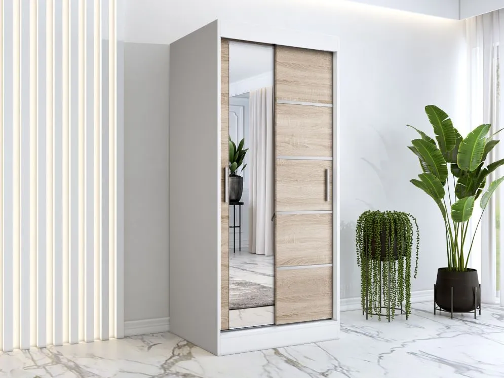 Szafa przesuwna MODUO COMFORT 3 90 biała mat/dąb sonoma do sypialni z dwoma rodzajami frontów | MIRAT. w stylu kolekcja MODUO COMFORT