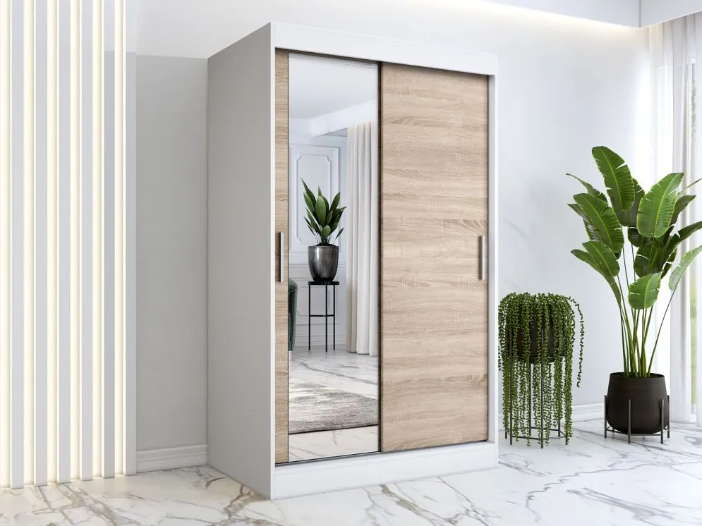 Szafa przesuwna MODUO COMFORT 120 biała mat/dąb sonoma gładka z lustrem | MIRAT. w stylu  kolekcja MODUO COMFORT