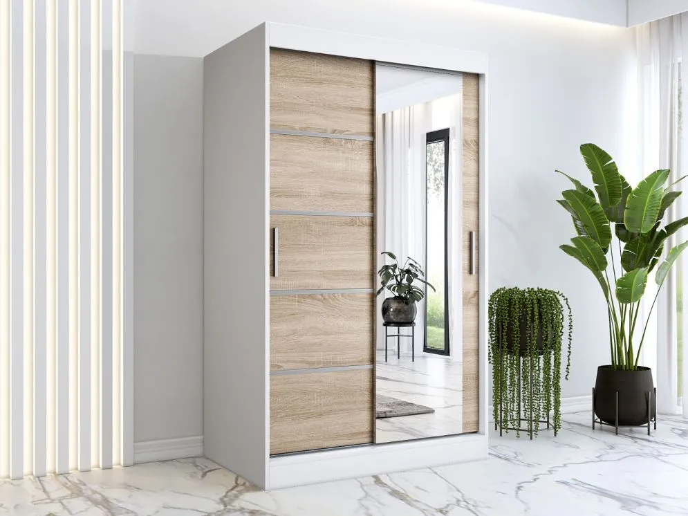 Szafa przesuwna MODUO COMFORT 2 120 biała mat/dąb sonoma do sypialni z dwoma rodzajami frontów | MIRAT. w stylu kolekcja MODUO COMFORT