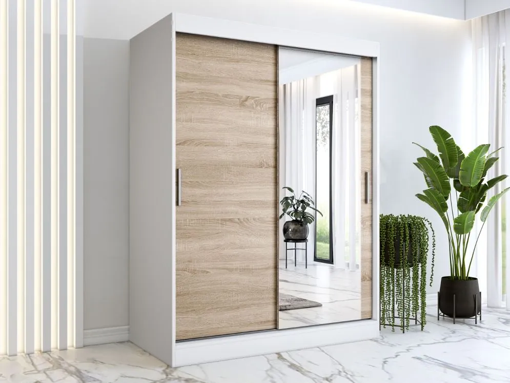Szafa przesuwna MODUO COMFORT 150 biała mat/dąb sonoma z dwoma rodzajami frontów | MIRAT. w stylu kolekcja MODUO COMFORT