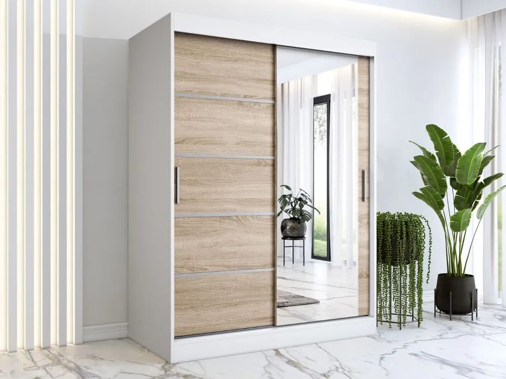 Szafa przesuwna MODUO COMFORT 2 150 biała mat/dąb sonoma do sypialni | MIRAT. kolekcja MODUO COMFORT
