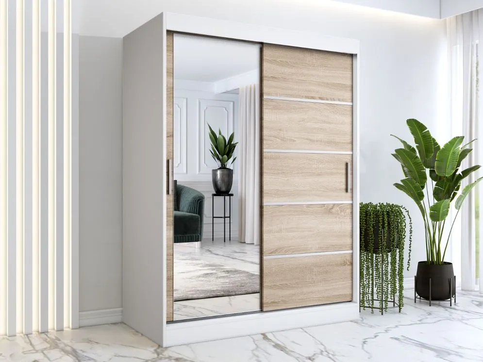 Szafa przesuwna MODUO COMFORT 3 150 biała mat/dąb sonoma do sypialni | MIRAT. kolekcja MODUO COMFORT