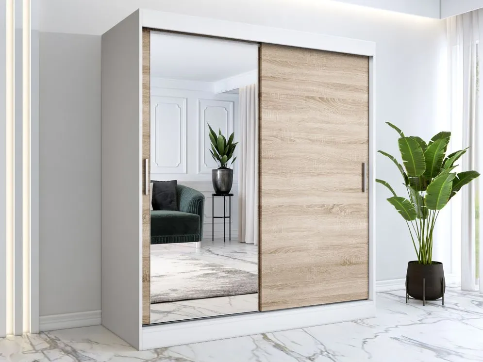 Szafa przesuwna MODUO COMFORT 180 biała mat/dąb sonoma gładka z lustrem | MIRAT. kolekcja MODUO COMFORT