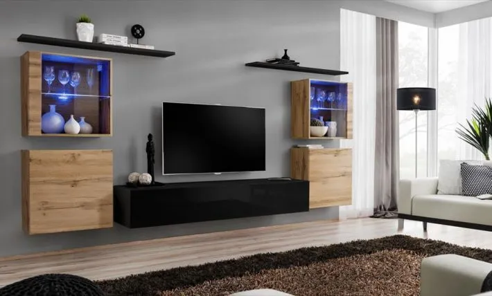Meblościanka SWITCH XIV z przeszklonymi podświetlanymi witrynami | MIRAT. w stylu  kolekcja SWITCH