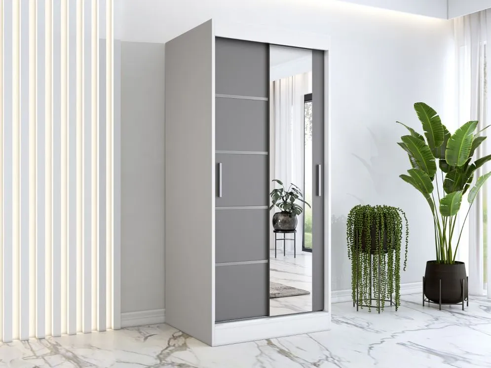 Szafa przesuwna MODUO COMFORT 2 90 biała mat/antracyt z lustrem | MIRAT. w stylu kolekcja MODUO COMFORT