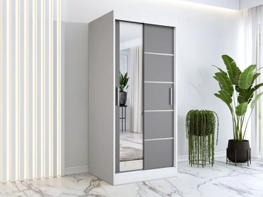 Szafa przesuwna MODUO COMFORT 3 90 biała mat/antracyt z lustrem | MIRAT. w stylu kolekcja MODUO COMFORT