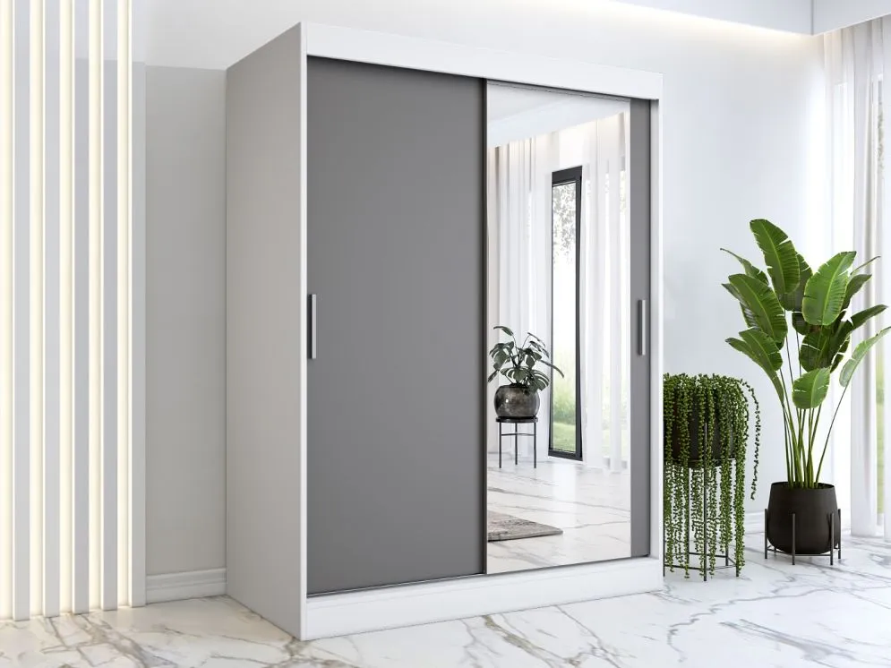 Szafa przesuwna MODUO COMFORT 150 biała mat/antracyt z lustrem po prawej | MIRAT. w stylu kolekcja MODUO COMFORT