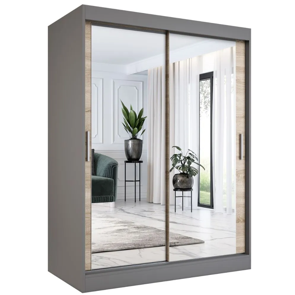Szafa przesuwna MODUO COMFORT 150 antracyt/dąb sonoma z dwoma lustrami do sypialni | MIRAT. w stylu  kolekcja MODUO COMFORT