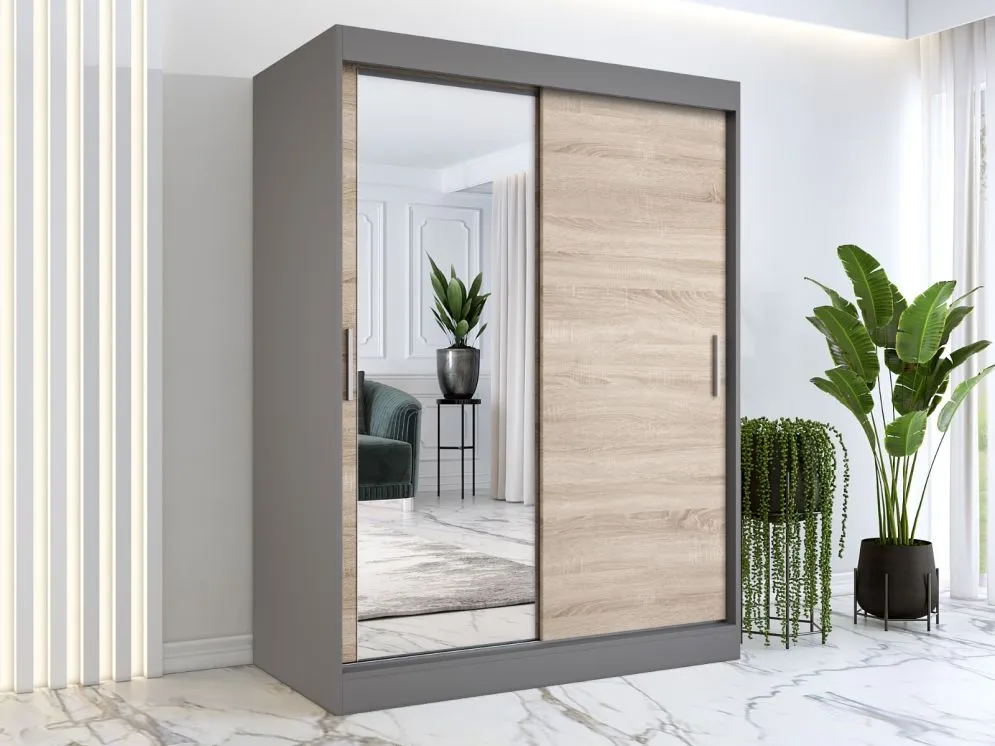 Szafa przesuwna MODUO COMFORT 150 antracyt/dąb sonoma z lustrem z lewej | MIRAT. w stylu kolekcja MODUO COMFORT