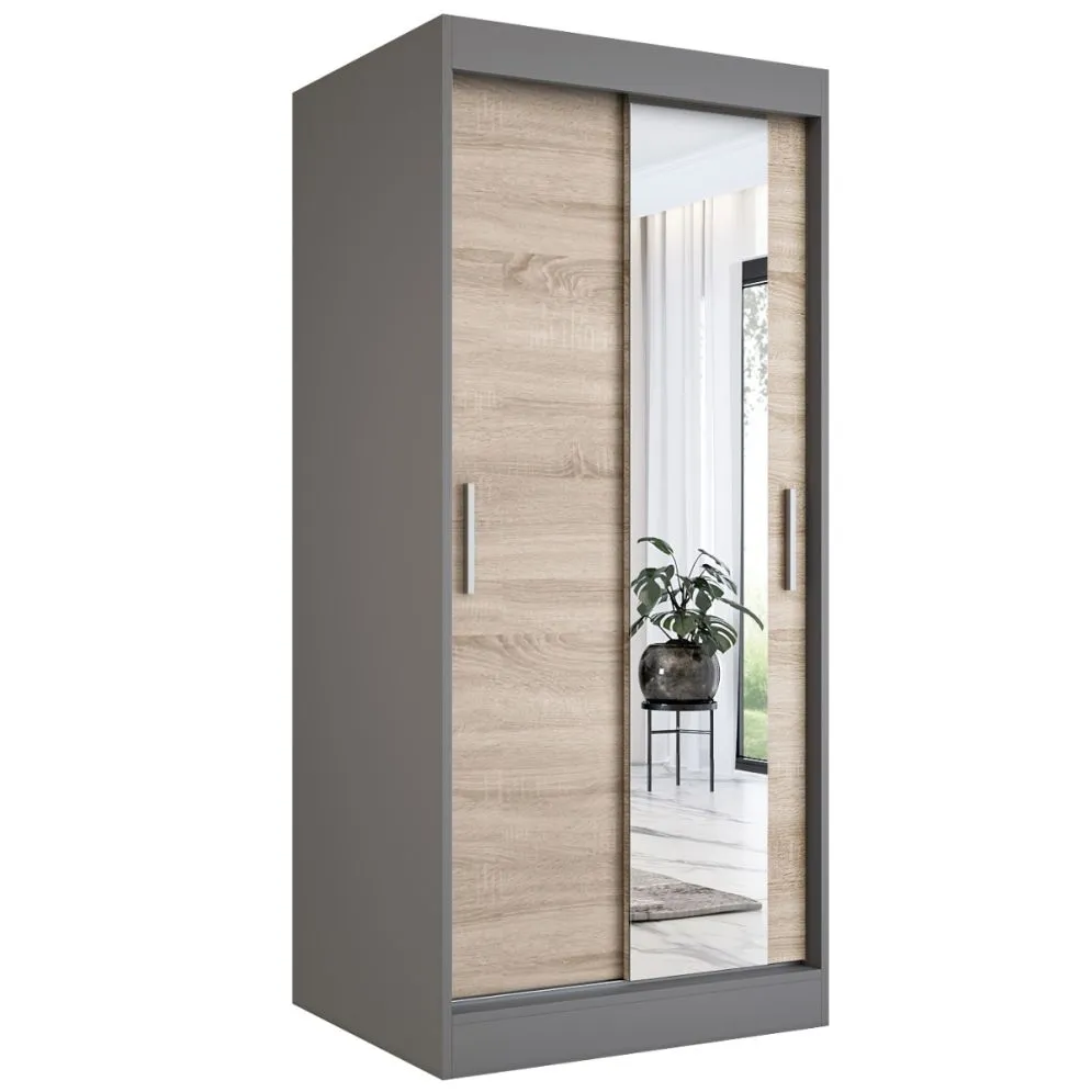 Szafa przesuwna MODUO COMFORT 90 antracyt/dąb sonoma z lustrem | MIRAT. w stylu kolekcja MODUO COMFORT