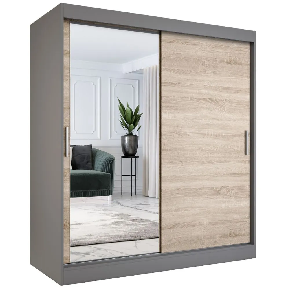 Szafa przesuwna MODUO COMFORT 180 antracyt/dąb sonoma z lustrem z lewej | MIRAT. kolekcja MODUO COMFORT