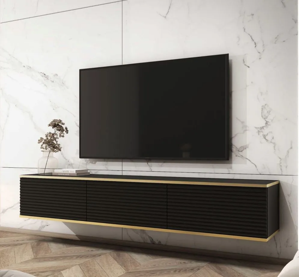 Szafka RTV KARL 3D 175cm wisząca/stojąca czarny mat loft I sklep meblowy MIRAT. styl GLAMOUR, LOFT, RYFLOWANY