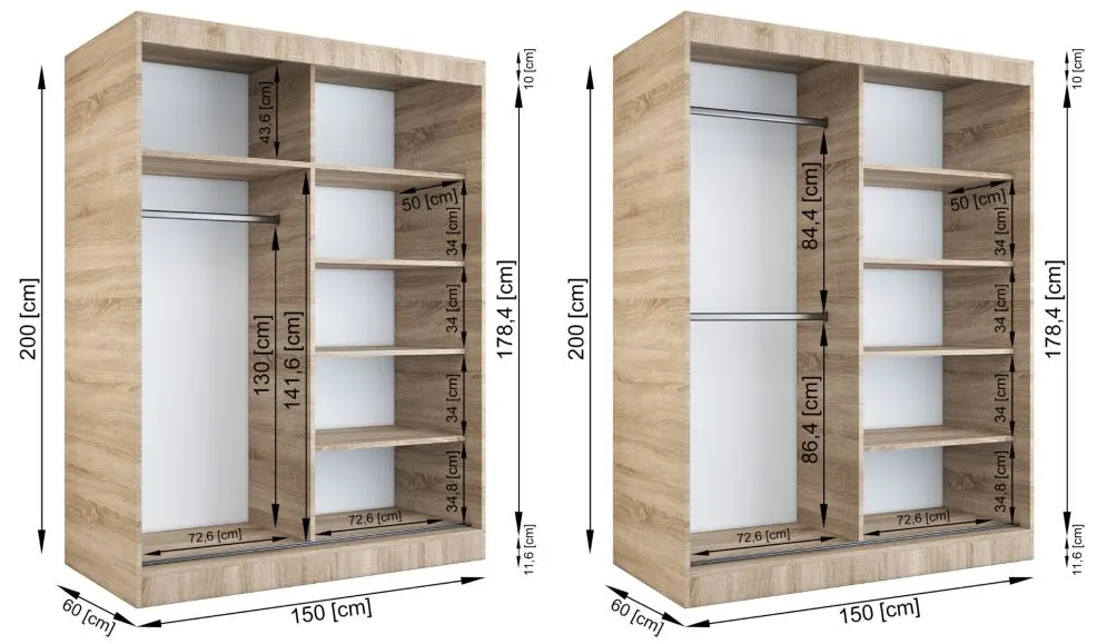 Szafa przesuwna MODUO COMFORT 150 dąb sonoma z dwoma lustrami do sypialni | MIRAT. w stylu kolekcja MODUO COMFORT