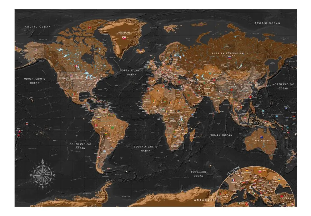 Fototapeta samoprzylepna - Czarno-brązowa stylowa mapa świata z flagami-2