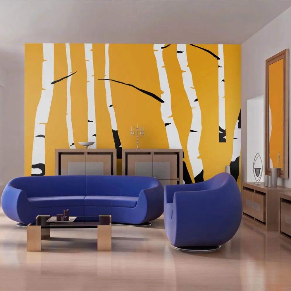 Fototapeta - Birches on the orange background-1