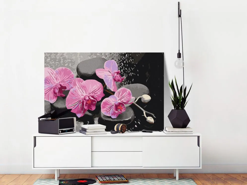 Obraz do samodzielnego malowania - Orchidea i kamienie zen (czarne tło) | MIRAT. w stylu kolekcja