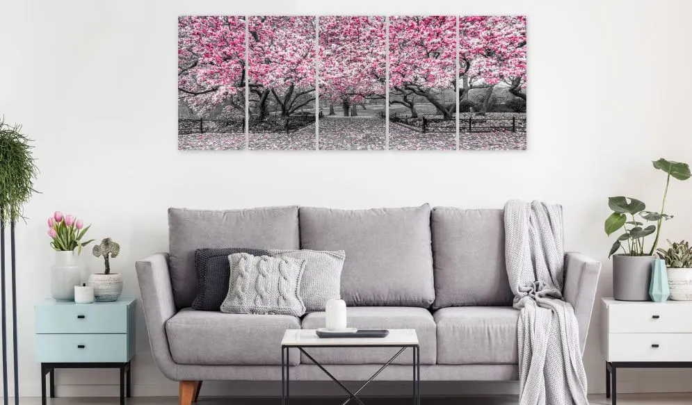 Obraz - Park magnolii (5-częściowy) wąski różowy-2