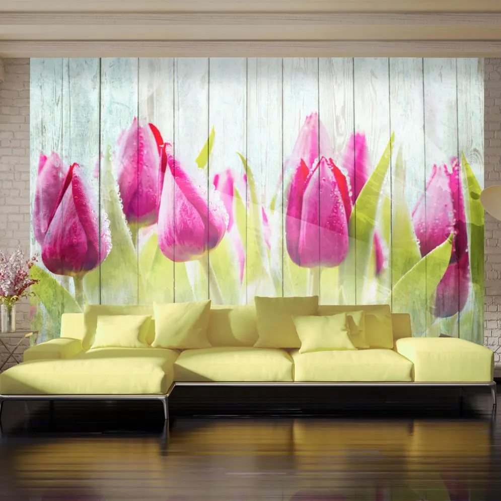 Fototapeta - Tulipany na białym drewnie-1