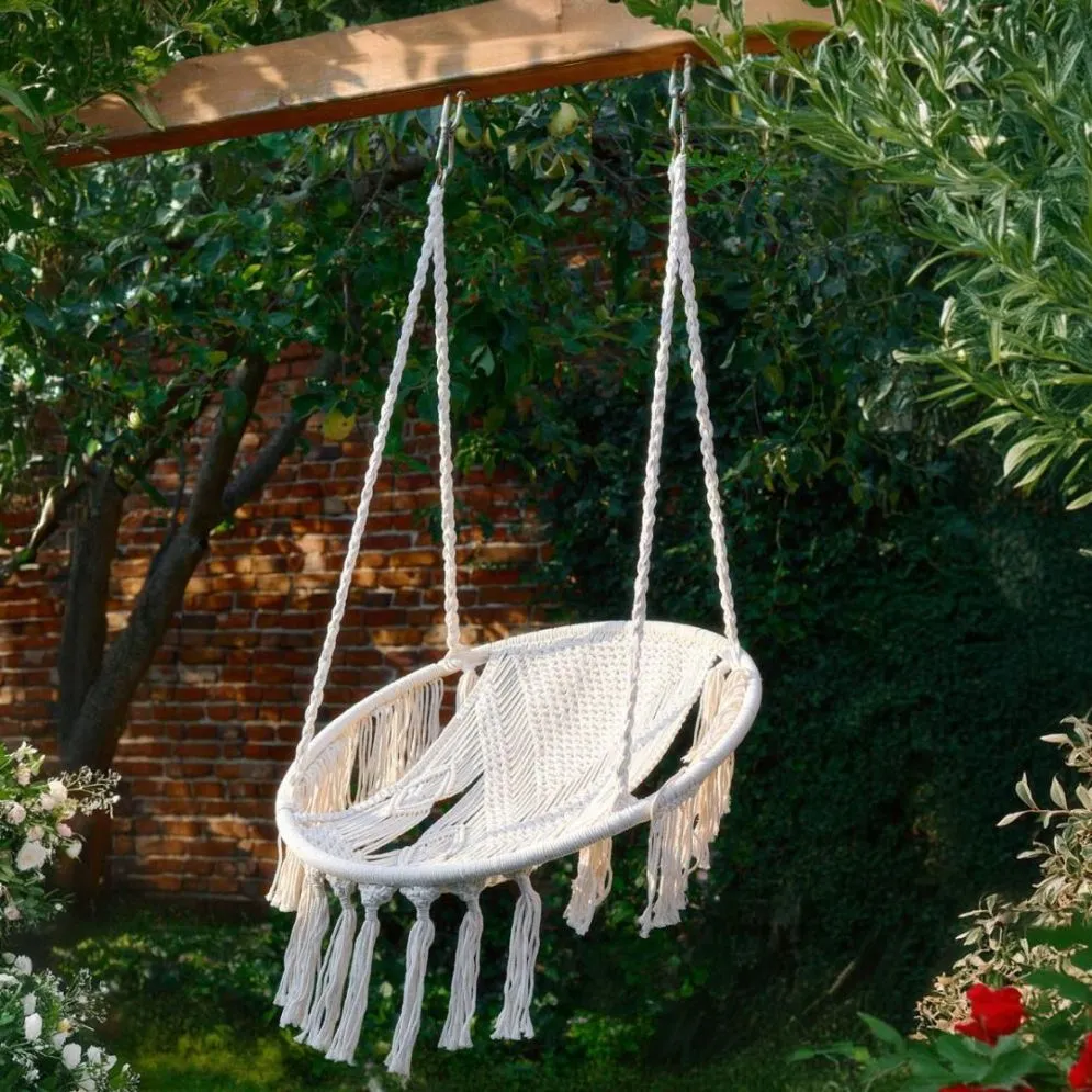 Huśtawka CIRCLE DOIRA wisząca z makramy 90x100x130 cm beżowa|MIRAT