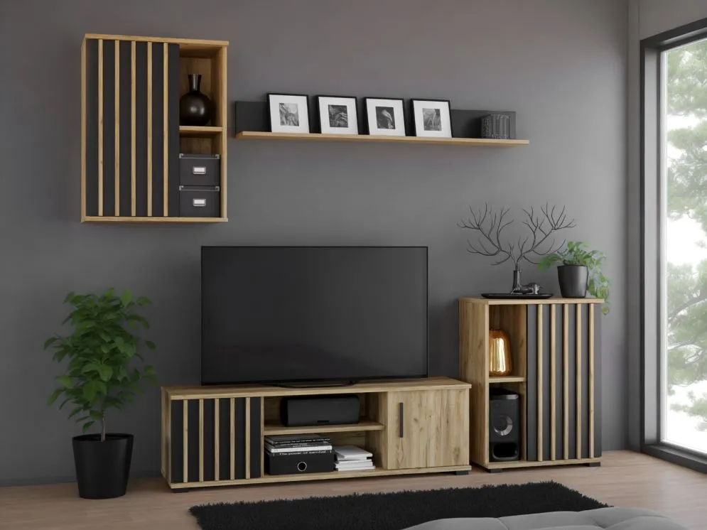Komoda KALI 60 1D czarna/dąb craft z lamelami I sklep meblowy MIRAT. styl LOFT, RYFLOWANY