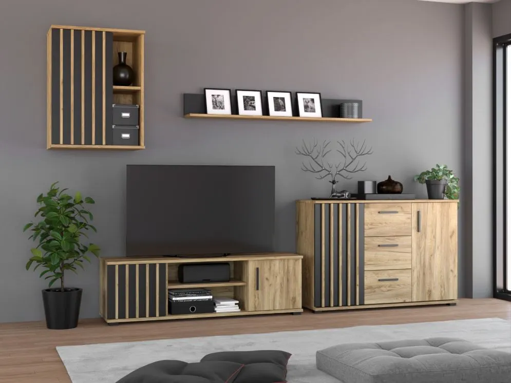 Meblościanka KALI 03 czarna/dąb craft z lamelami I sklep meblowy MIRAT. styl LOFT, RYFLOWANY