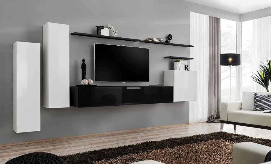 Meblościanka SWITCH I na wysoki połysk z podwieszanymi witrynami | MIRAT. kolekcja SWITCH