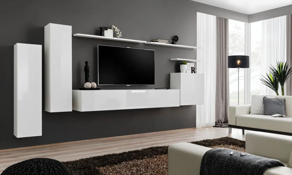 Meblościanka SWITCH I na wysoki połysk z podwieszanymi witrynami | MIRAT. kolekcja SWITCH