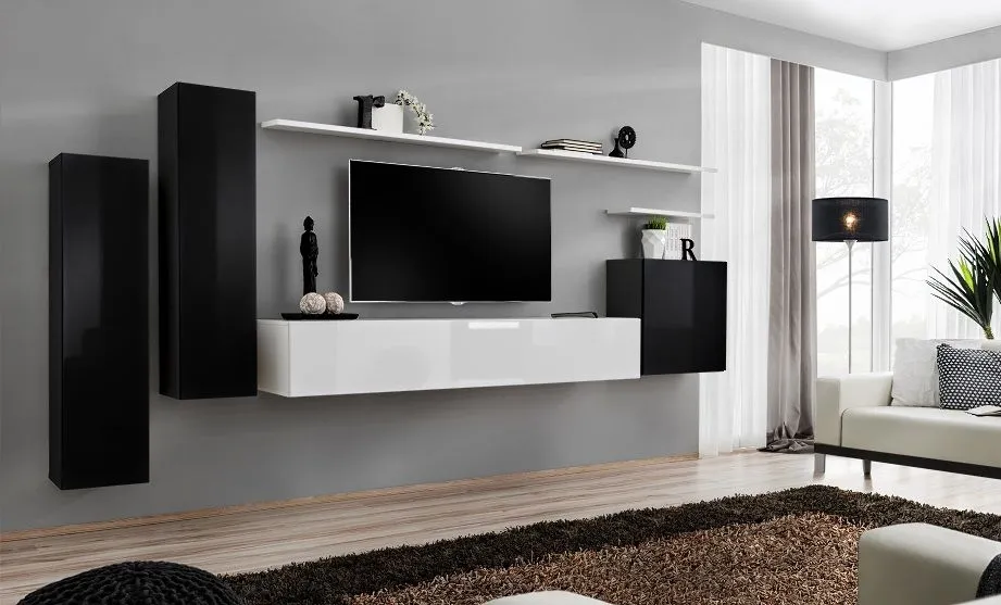 Meblościanka SWITCH I na wysoki połysk z podwieszanymi witrynami | MIRAT. kolekcja SWITCH