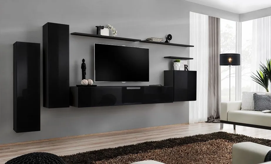 Meblościanka SWITCH I na wysoki połysk z podwieszanymi witrynami | MIRAT. kolekcja SWITCH
