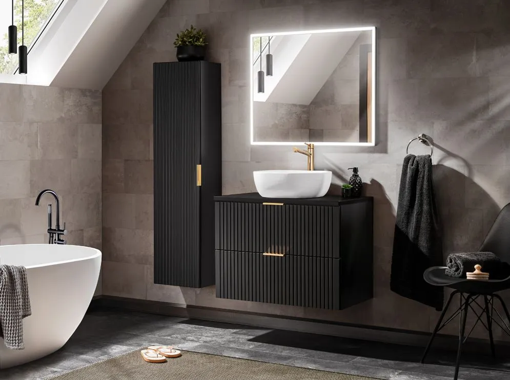 Szafka pod umywalkę ADEL BLACK 82 80cm czarny mat ryflowane fronty I sklep meblowy MIRAT. styl LOFT, RYFLOWANY