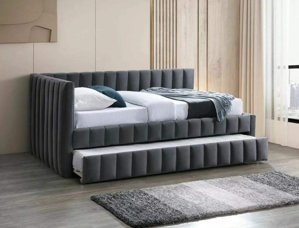 Łóżko tapicerowane ALFIE VELVET 120x200 szare w stylu glamour I sklep meblowy MIRAT. styl GLAMOUR