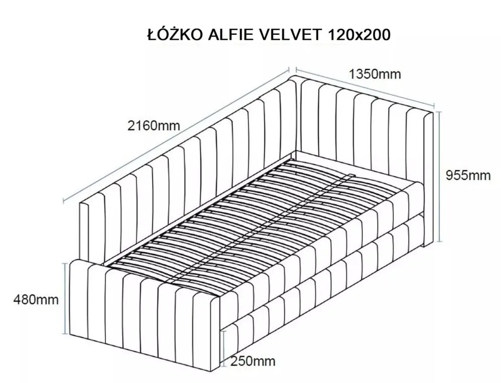 Łóżko tapicerowane ALFIE VELVET 120x200 szare w stylu glamour I sklep meblowy MIRAT. styl GLAMOUR