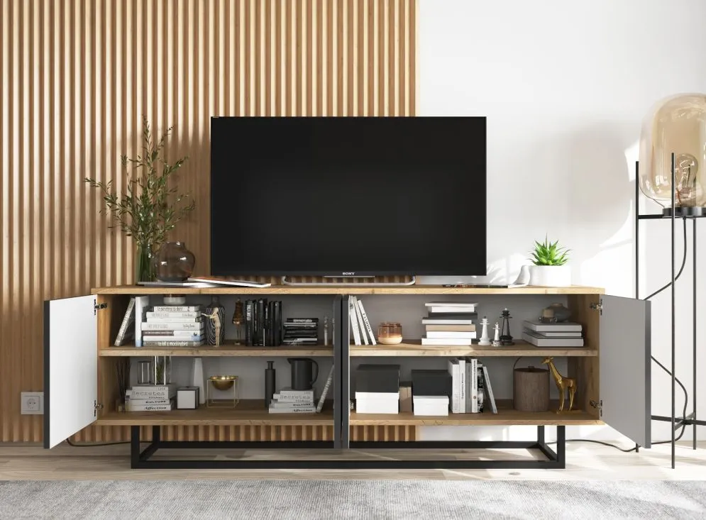 Szafka RTV NILA 3 150 dąb wotan/czarna mat z półkami | MIRAT. styl LOFT kolekcja NILA