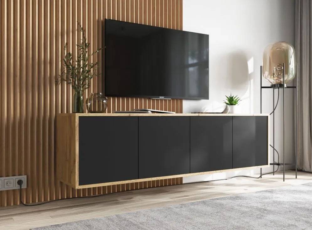 Szafka RTV NILA 4 150 dąb wotan/czarna mat z półkami | MIRAT. styl LOFT kolekcja NILA