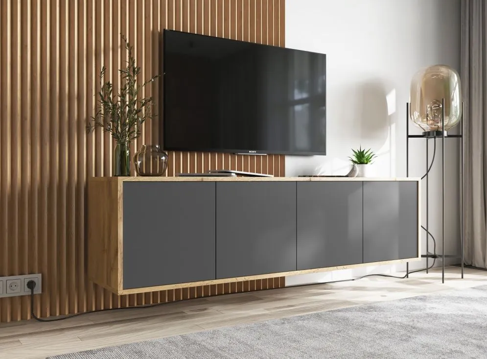 Szafka RTV NILA 4 150 dąb wotan/grafit mat z półkami | MIRAT. styl LOFT kolekcja NILA