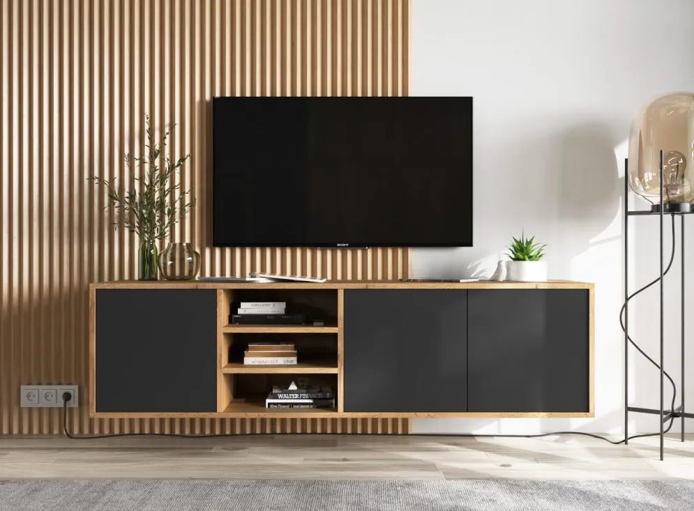 Szafka RTV NILA 2 150 dąb wotan/czarna mat z półkami | MIRAT. styl LOFT kolekcja NILA