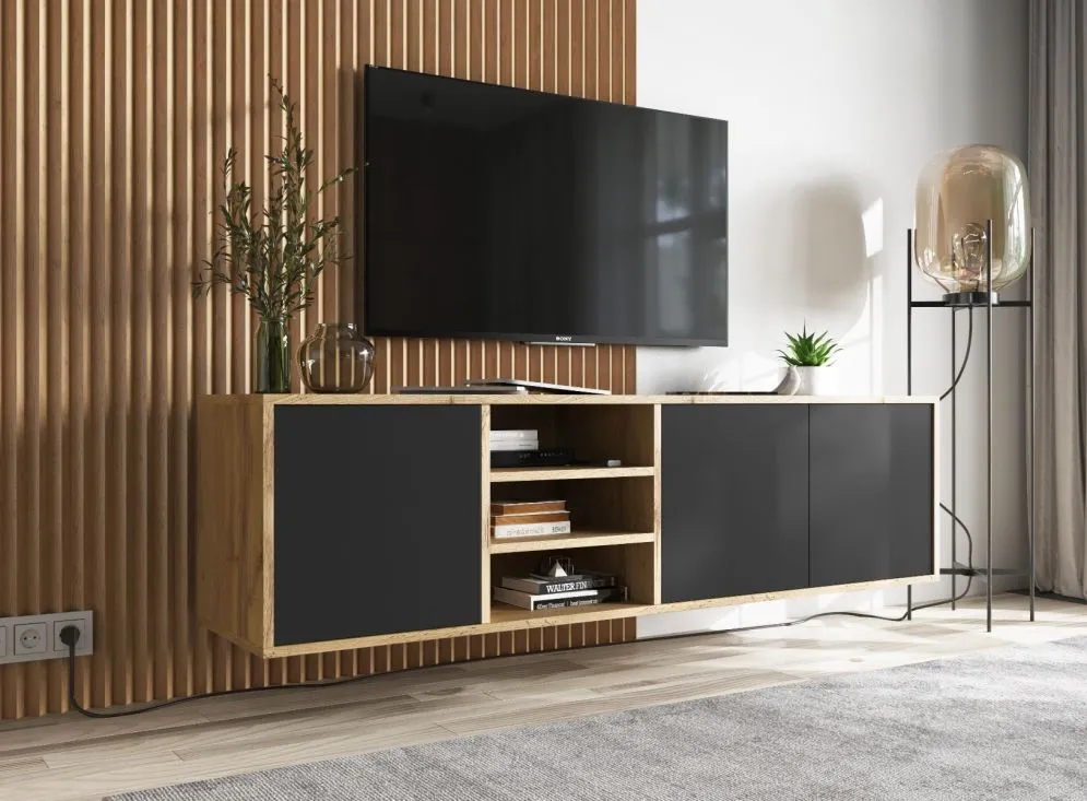 Szafka RTV NILA 2 150 dąb wotan/czarna mat z półkami | MIRAT. styl LOFT kolekcja NILA