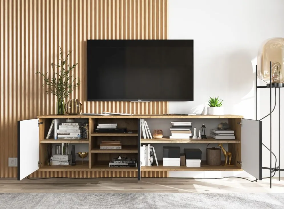 Szafka RTV NILA 2 150 dąb wotan/czarna mat z półkami | MIRAT. styl LOFT kolekcja NILA