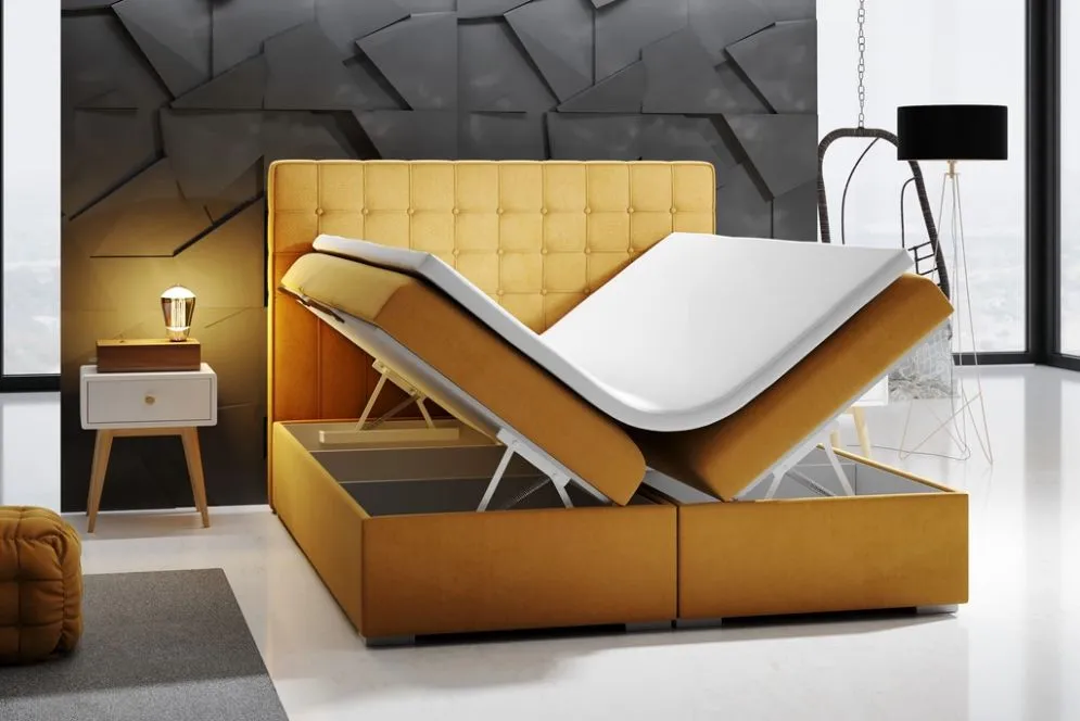 Łóżko kontynentalne REZEN 180 bordowe velvet z pojemnikiem i materacem | MIRAT. styl GLAMOUR