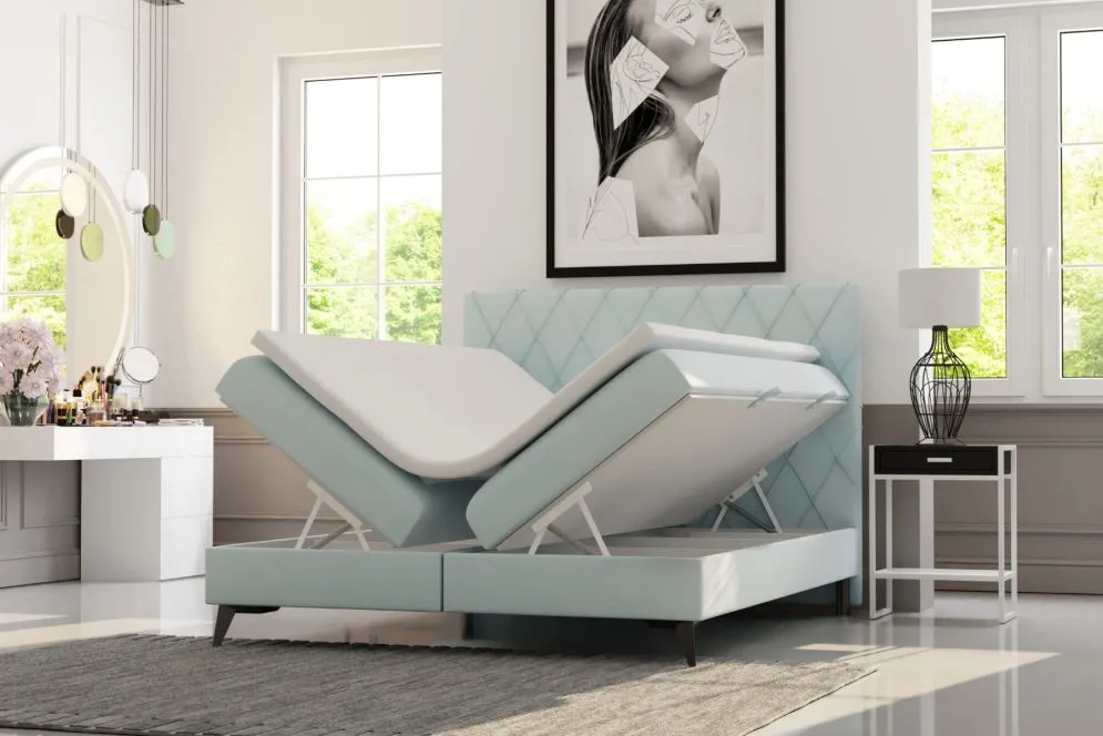Łóżko kontynentalne IBETIO 180 ciemno niebieskie velvet z pojemnikiem i materacem | MIRAT. styl GLAMOUR