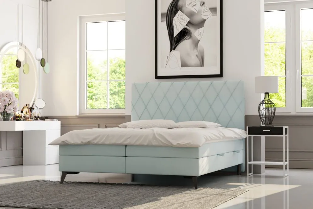 Łóżko kontynentalne IBETIO 180 różowe velvet z pojemnikiem do sypialni | MIRAT. styl GLAMOUR