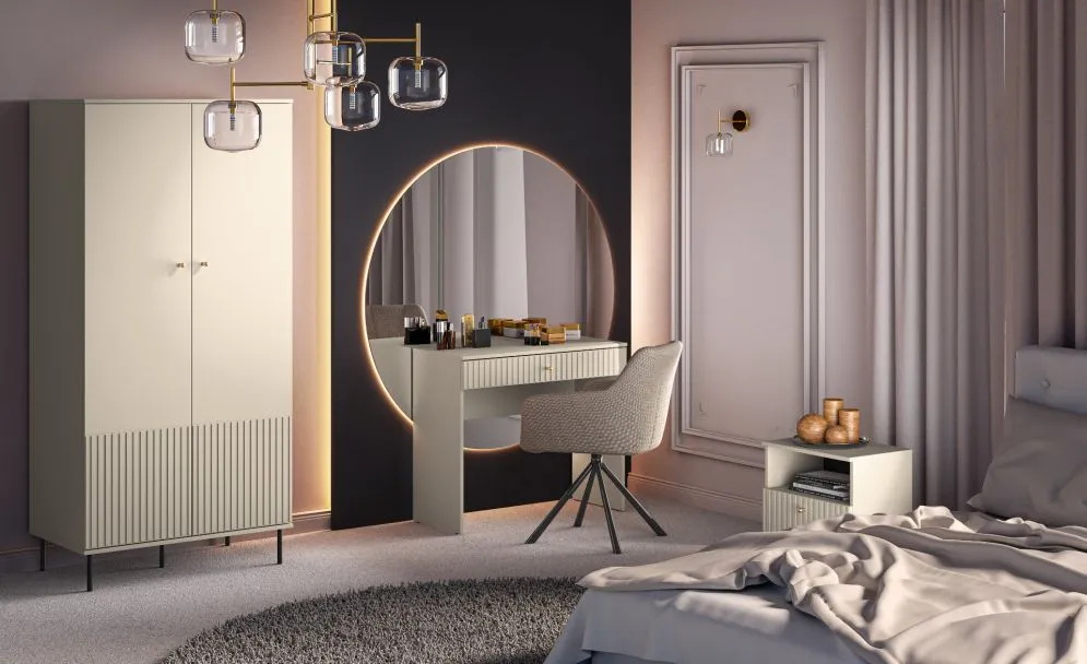 Szafka nocna ELLEN kaszmir z półką do sypialni I sklep meblowy MIRAT. styl GLAMOUR, RYFLOWANY kolekcja ELLEN