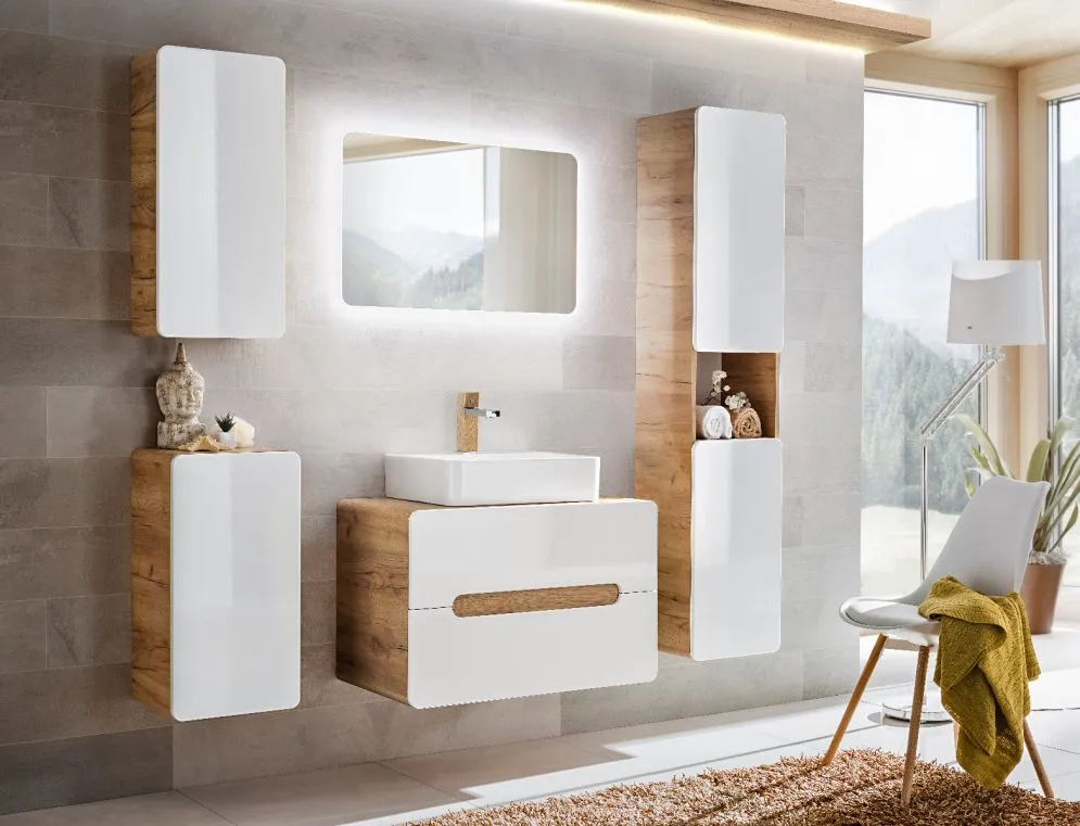 Szafka pod umywalkę nablatową ARUBA 80 cm biała połysk/dąb | MIRAT. w stylu kolekcja ARUBA