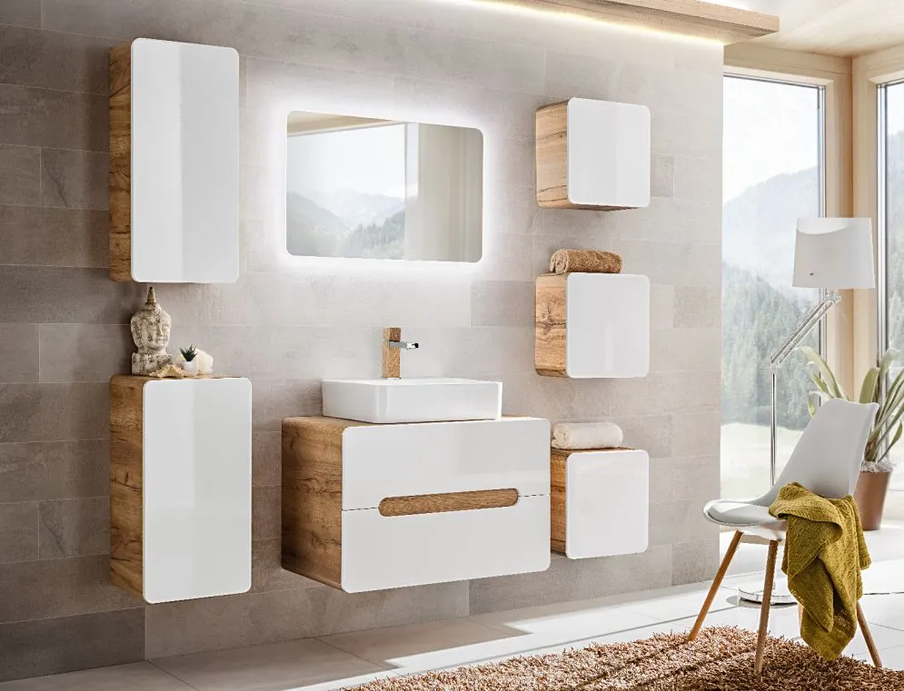 Szafka pod umywalkę nablatową ARUBA 80 cm biała połysk/dąb | MIRAT. w stylu kolekcja ARUBA