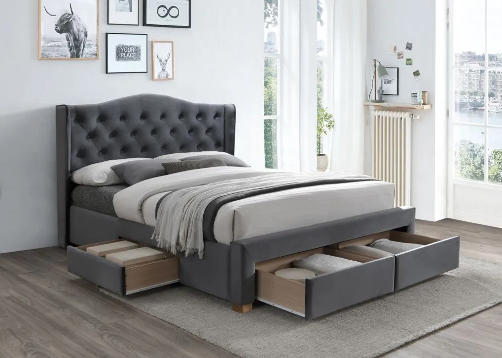 Łóżko ASPEN VELVET szare pikowane z szufladami | MIRAT. w stylu GLAMOUR kolekcja