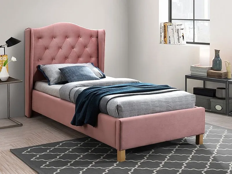 Łóżko tapicerowane ASPEN VELVET 90x200 różowe z pikowanym zagłowiem | MIRAT. w stylu GLAMOUR kolekcja