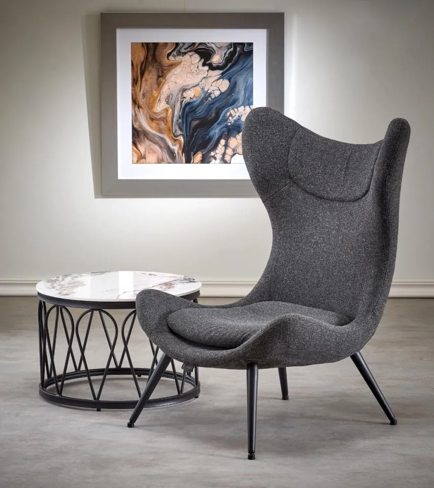 Fotel do salonu ATLANTIS antracytowy tapicerowany tkaniną na metalowych nogach | MIRAT. styl LOFT