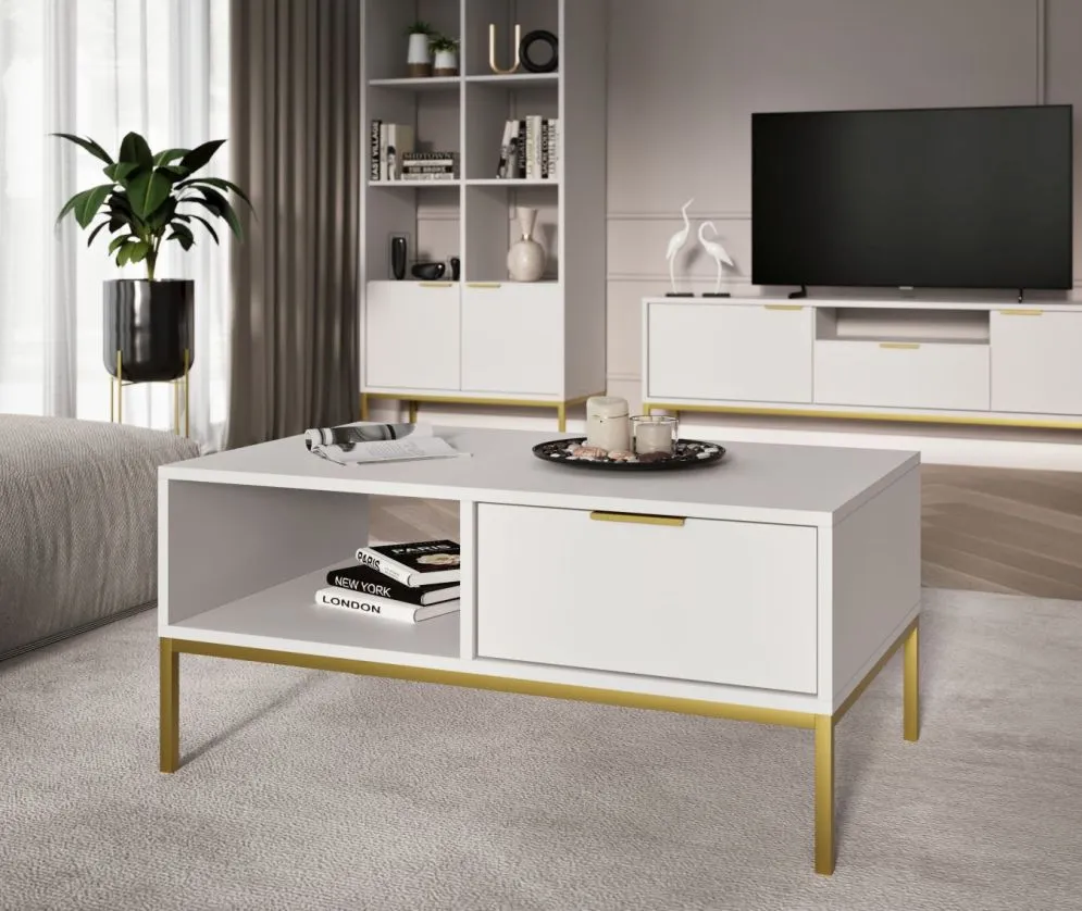Stolik kawowy AUSTIN 100x60 biały/złoty do salonu w stylu glamour I sklep meblowy MIRAT. styl GLAMOUR