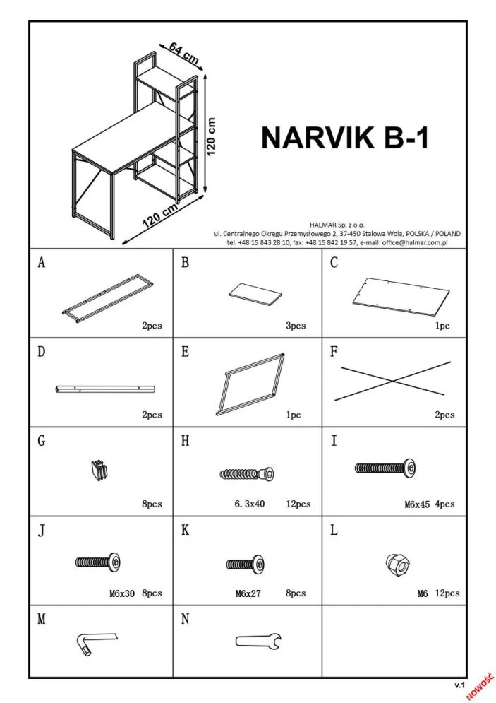 Biurko NARVIK B1 biały/dąb sonoma w stylu skandynawskim | MIRAT. styl LOFT kolekcja NARVIK HALMAR